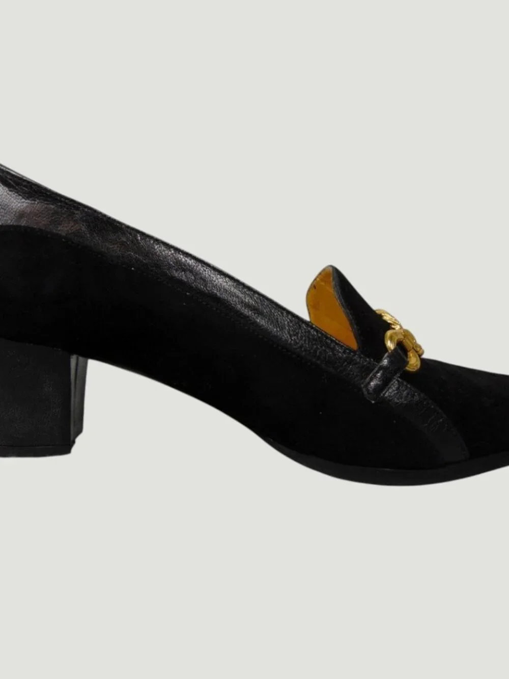 Vintage Alberto Gozzi Horsebit Heels Black Suede Italy 7.5 Gold Hardware
